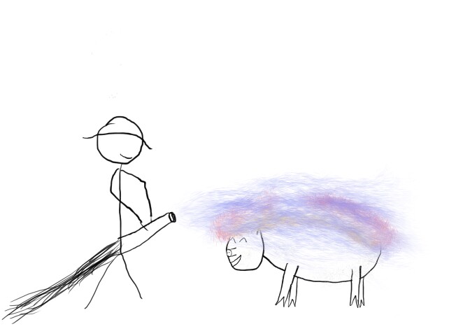 Der Feuerwehrmann löscht das Schwein.