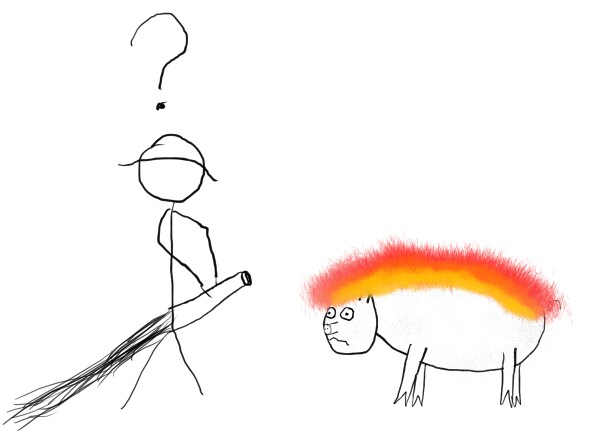 Feuerwehrmann wundert sich über das brennende Schwein.